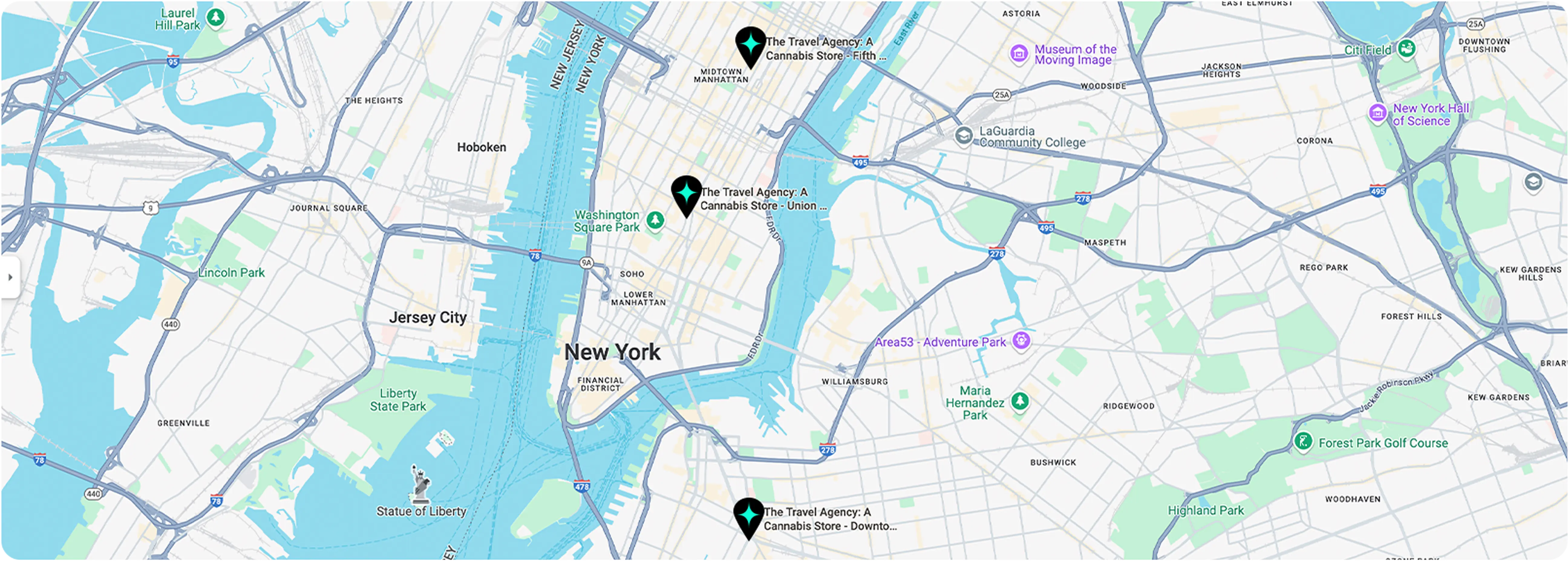 Map showing all The Travel Agency Cannabis Dispensary locations across NYC - Union Square, Downtown Brooklyn, Fifth Avenue, and SoHo