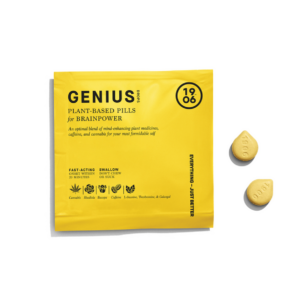 1906 Genius Drops plant-based pills combining cannabis, caffeine, and plant ingredients for enhanced mental focus.