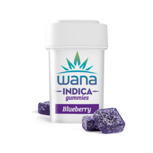 Wana Indica Blueberry Gummies container, featuring two sugar-coated blueberry-flavored gummies. Known for its relaxing Indica effects.