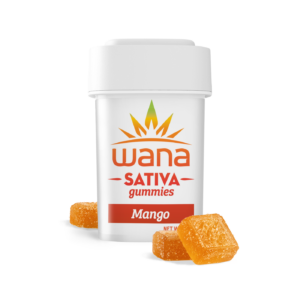 Wana Sativa Mango Gummies container, featuring two sugar-coated mango-flavored gummies. Known for energizing Sativa effects.