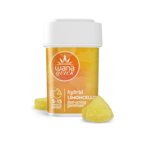 Wana Quick Hybrid Limoncello gummies container with two lemon-colored gummies beside it.