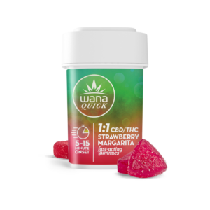 Wana Quick 1:1 CBD/THC Strawberry Margarita gummies container with two strawberry-colored gummies beside it.