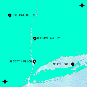 A map highlighting The Catskills, Hudson Valley, Sleepy Hollow, and North Fork as top fall day trip destinations from New York City.