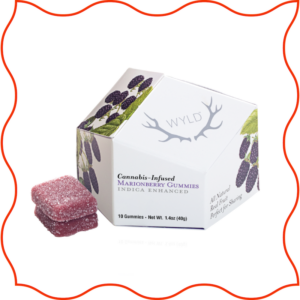 Brand image of THC infused Marionberry gummies package. 