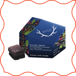 Brand image of WYLD elderberry gummies in a dark blue package. 
