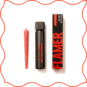 FLAMER red single pre-roll next to black joint package.