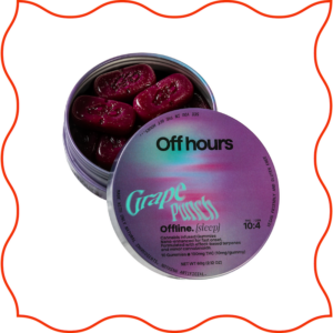 Off Hours Grape thc gummies in a purple tin.