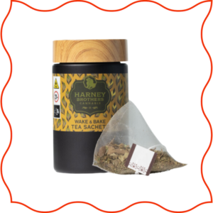 Harney Brothers Wake and Bake tea container and single sachet. 